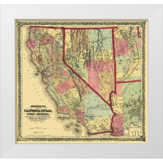 Bancroft 16x15 White Modern Wood Framed Museum Art Print Titled - California, Nevada, Utah, Arizona - Bancroft 1873