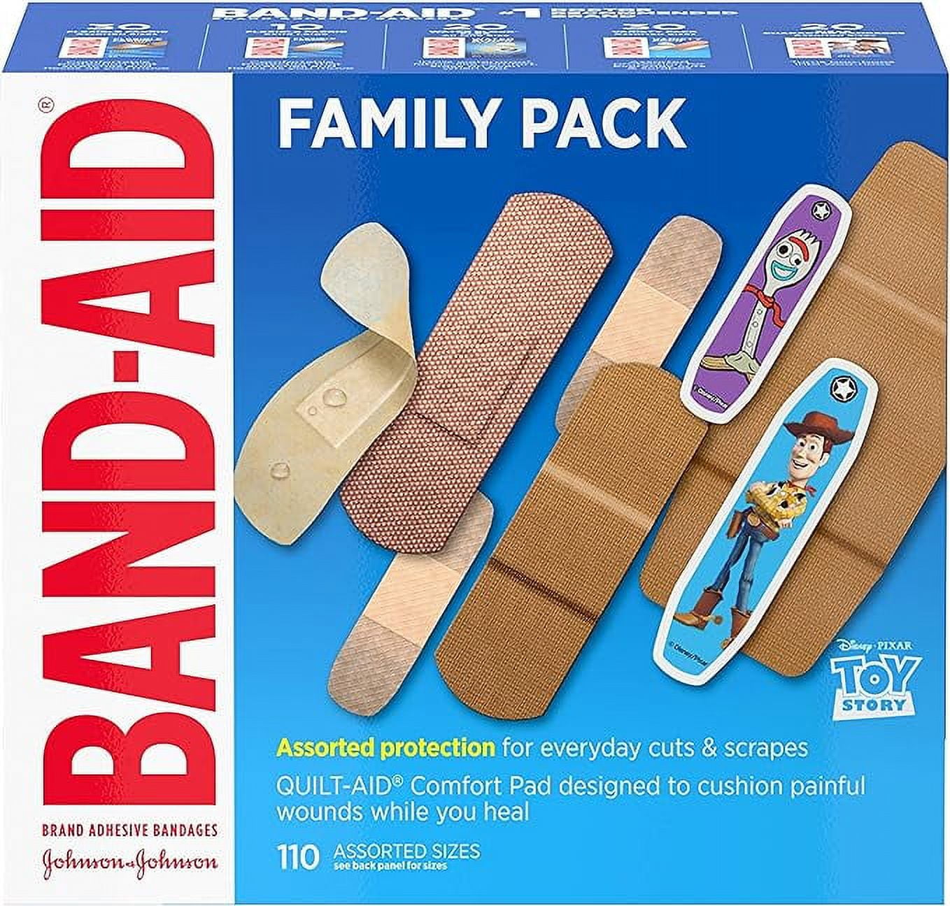 Band-Aid Adhesive Bandage Family Variety Pack in Assorted Sizes Featuring Water Block & Skin Flex, Flexible Fabric, Tough Strips & Pixar Character Bandages, 110 Count