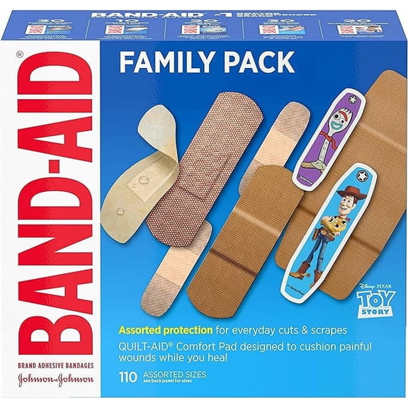 Band-Aid Adhesive Bandage Family Variety Pack in Assorted Sizes Featuring Water Block & Skin Flex, Flexible Fabric, Tough Strips & Pixar Character Bandages, 110 Count