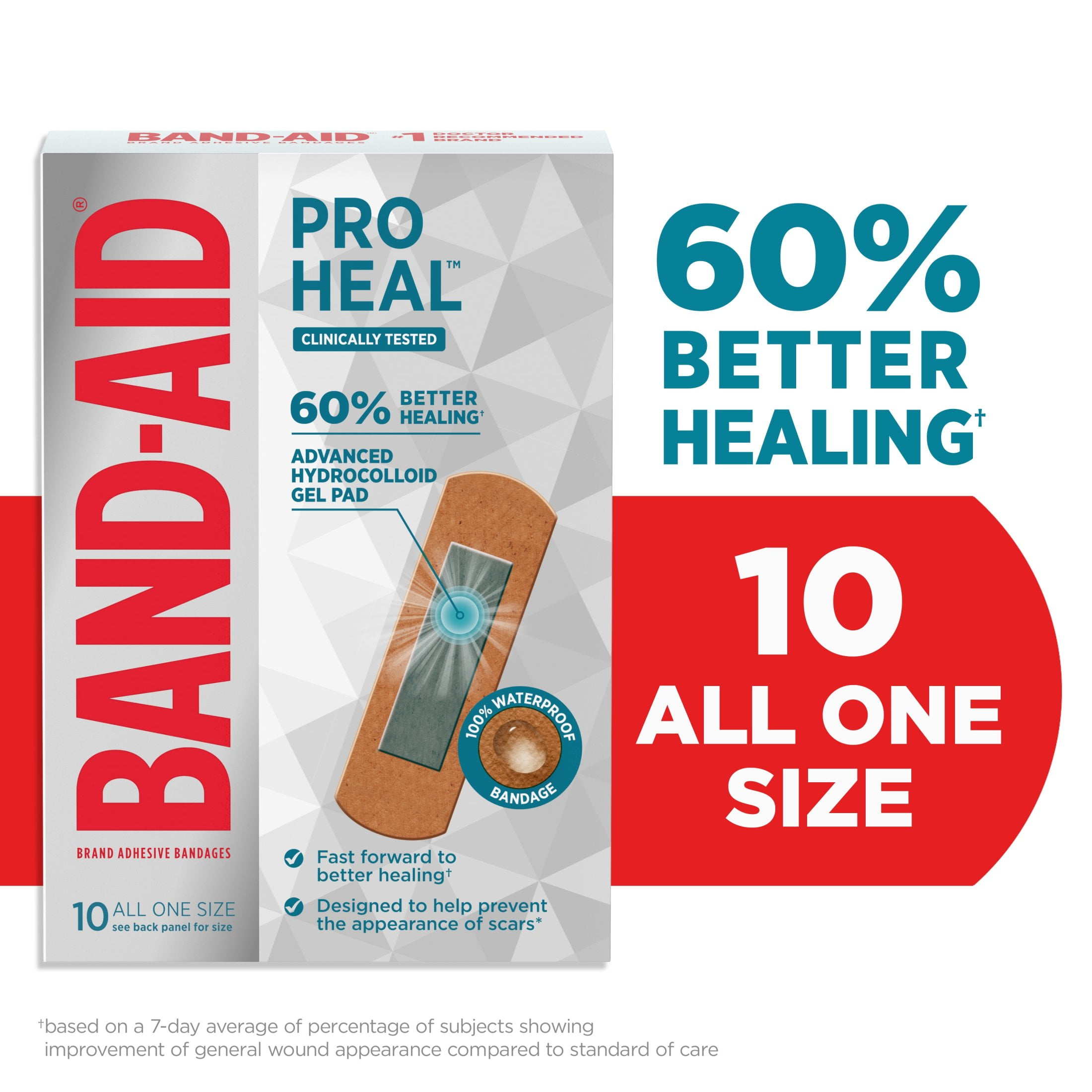 Band-Aid Brand All One Size Pro Heal Bandages, Hydrocolloid Pad, 10 Count