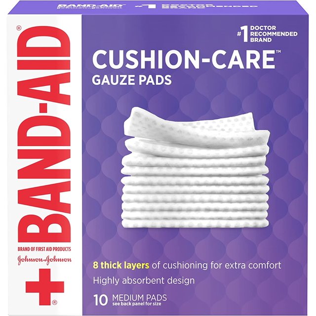 BandAid Brand Cushion Care NonStick Gauze Pads, IndividuallyWrapped, Medium, 3 in x 3 in, 10