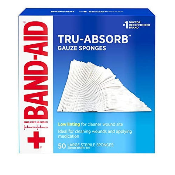 Band Aid Brand First Aid Products Tru-Absorb Sterile Gauze Sponges For Cleaning And Cushioning Wounds, Low-Lint Design, 4 Inches By 4 Inches, 50 Count