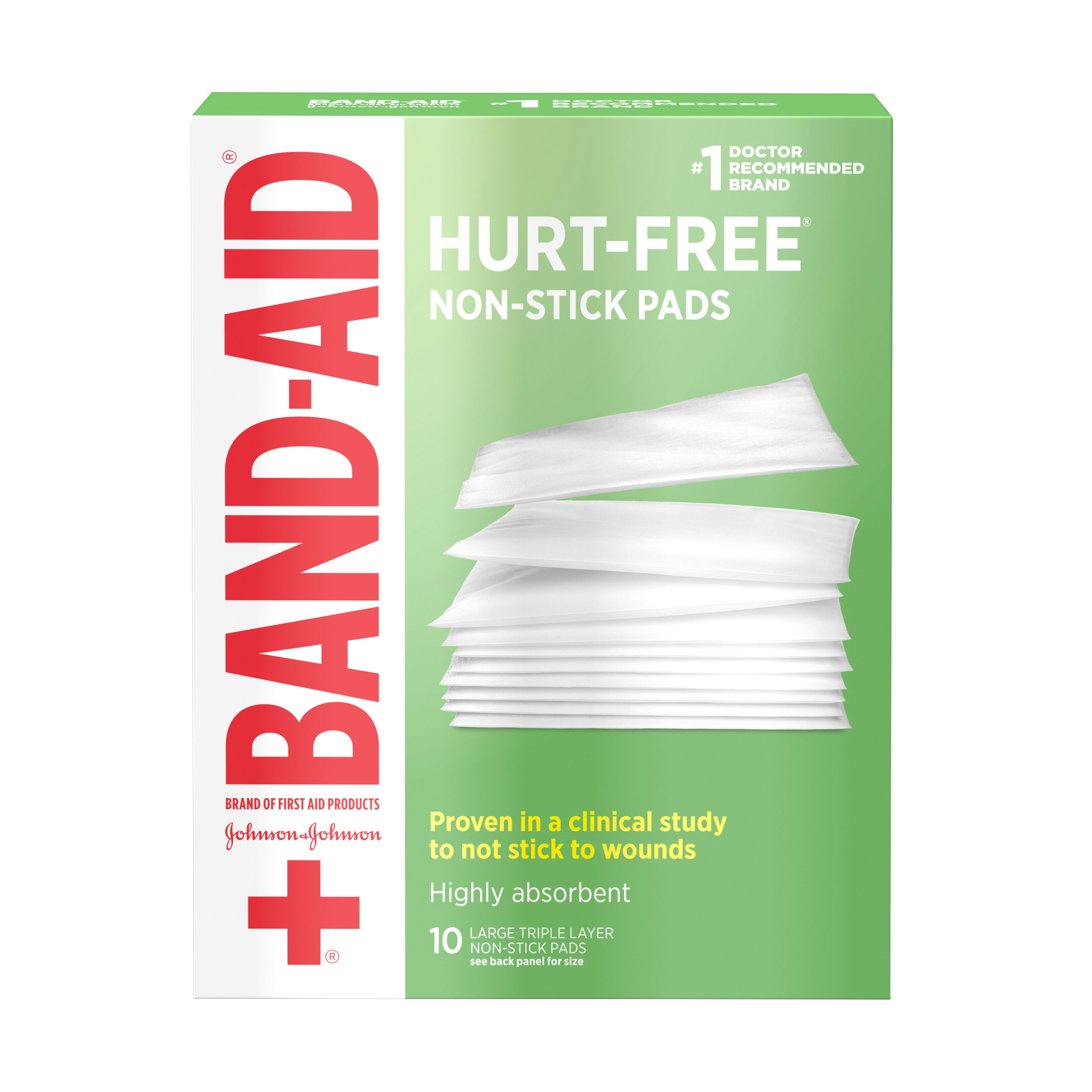 Band-Aid Brand Hurt-Free Non-Stick Pads, Large, 3 in x 4 in, 10 ct (Pack of 4)
