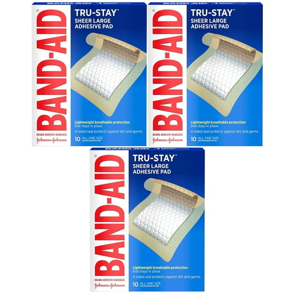 Band-Aid Brand Tru-Stay Adhesive Pads, Large Sterile Bandages, 10 ct (Pack of 3)