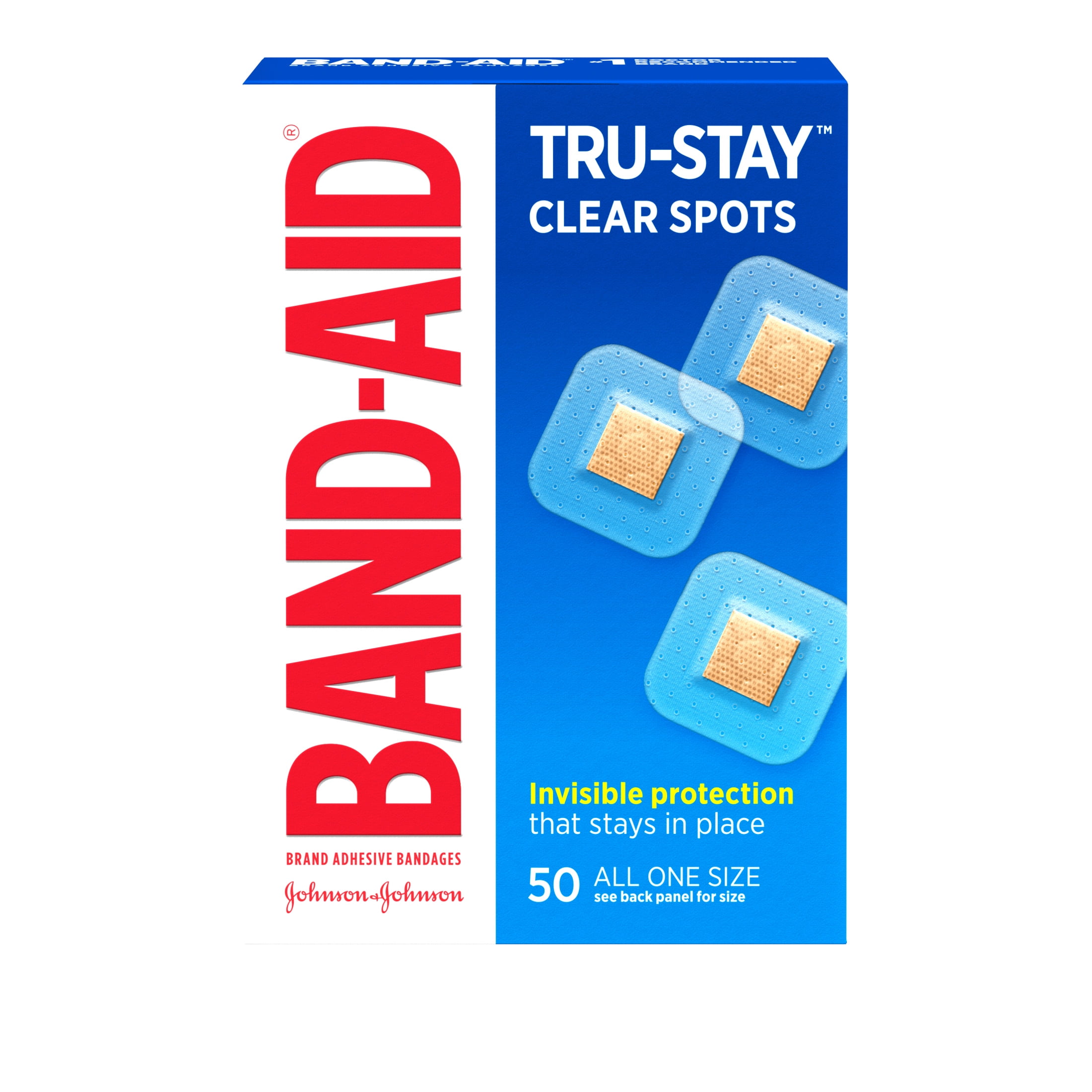 Band-Aid Brand Tru-Stay Clear Spots Square Bandages, One Size, 50 Count