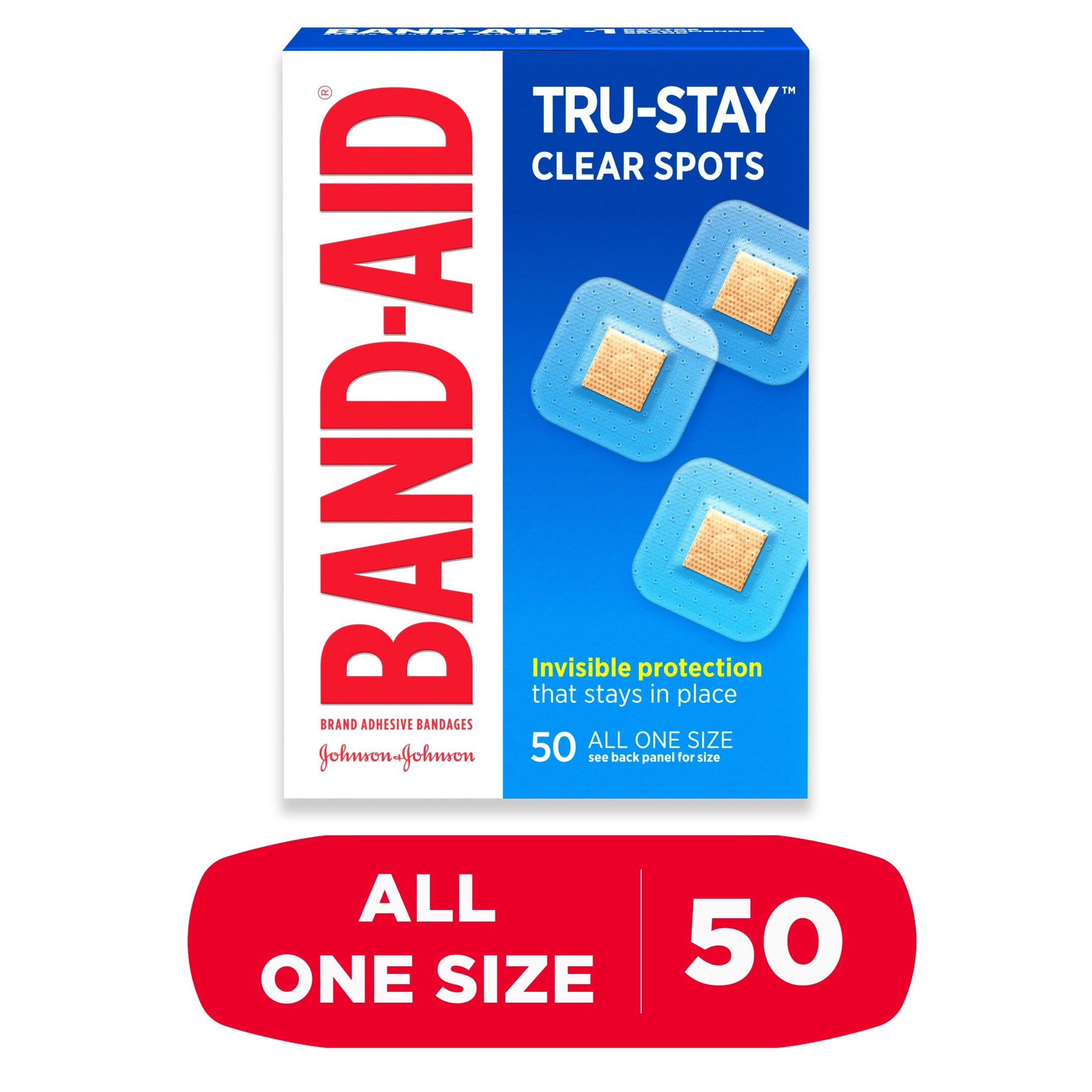 Band-Aid Brand Tru-Stay Clear Spots Square Bandages, One Size, 50 Count