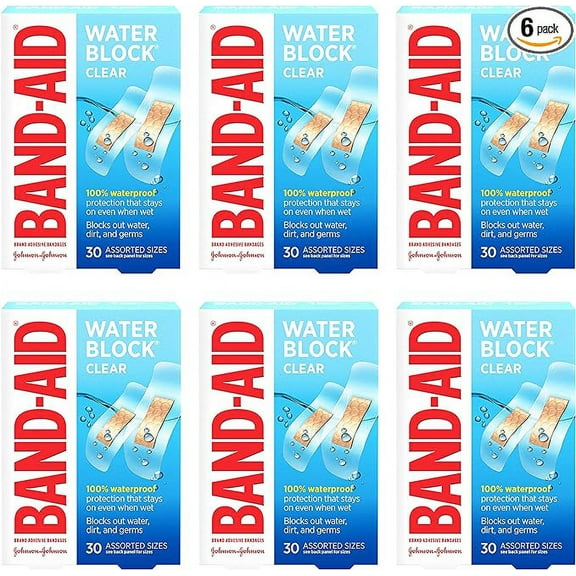 Band-Aid Brand Water Block Clear Waterproof Sterile Adhesive Bandages for First-Aid Wound Care of Minor Cuts and Scrapes, Assorted Sizes, 30 ct (Pack of 6)