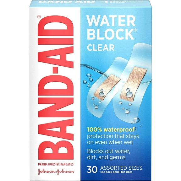 Band-Aid Brand Water Block Clear Waterproof Sterile Adhesive Bandages for First-Aid Wound Care of Minor Cuts and Scrapes, Assorted Sizes, 30 ct