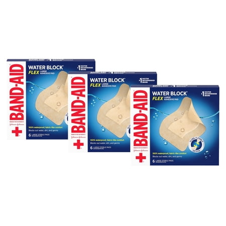 Band-Aid Brand Water Block Flex Waterproof Adhesive Pads, Large, 6 ct (Pack of 3)