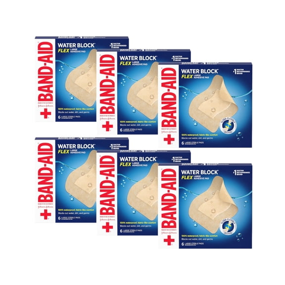 Band-Aid Brand Water Block Flex Waterproof Adhesive Pads, Large, 6 ct (Pack of 6)
