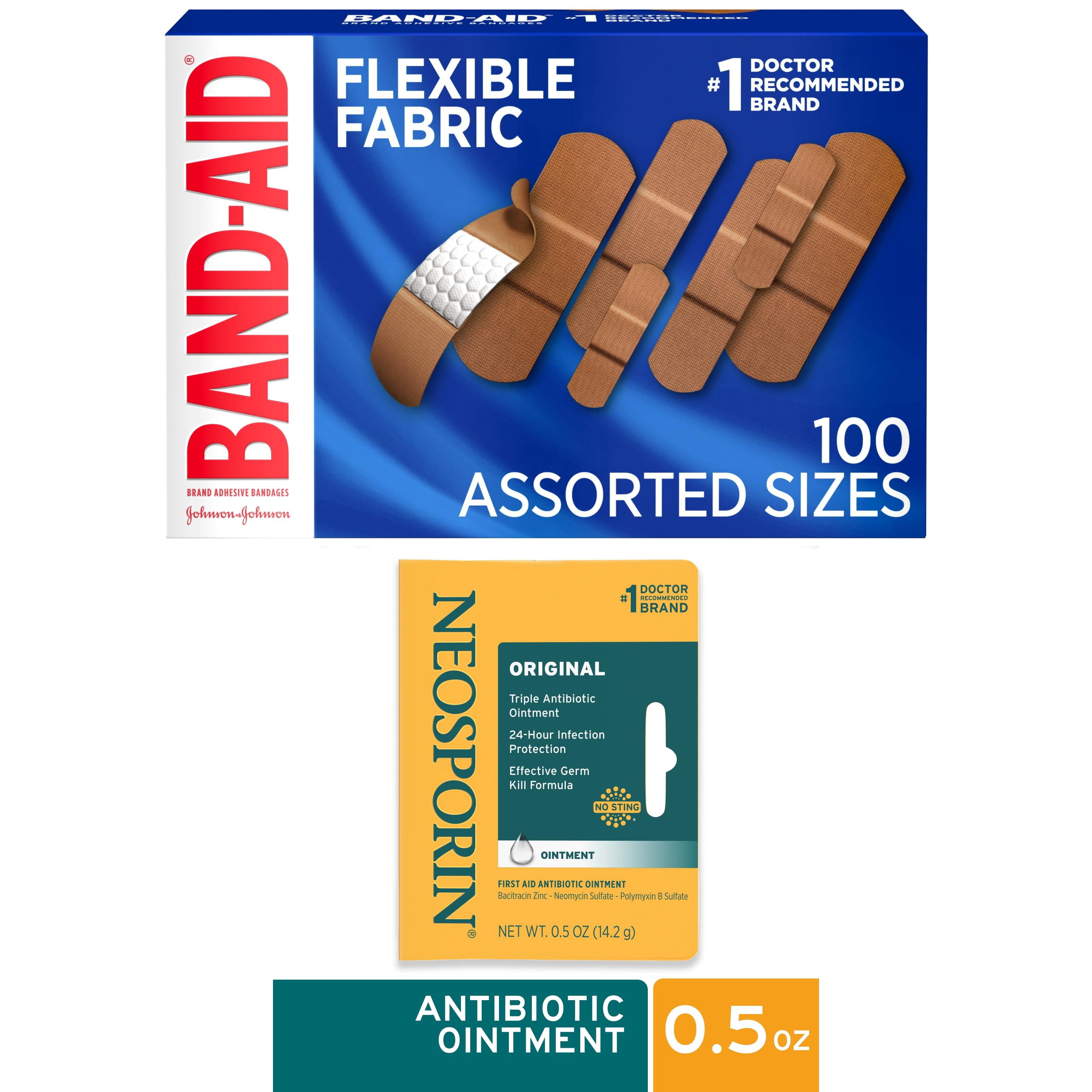 Band-Aid Flexible Fabric 100 ct + Neosporin Original .5 oz First Aid Bundle