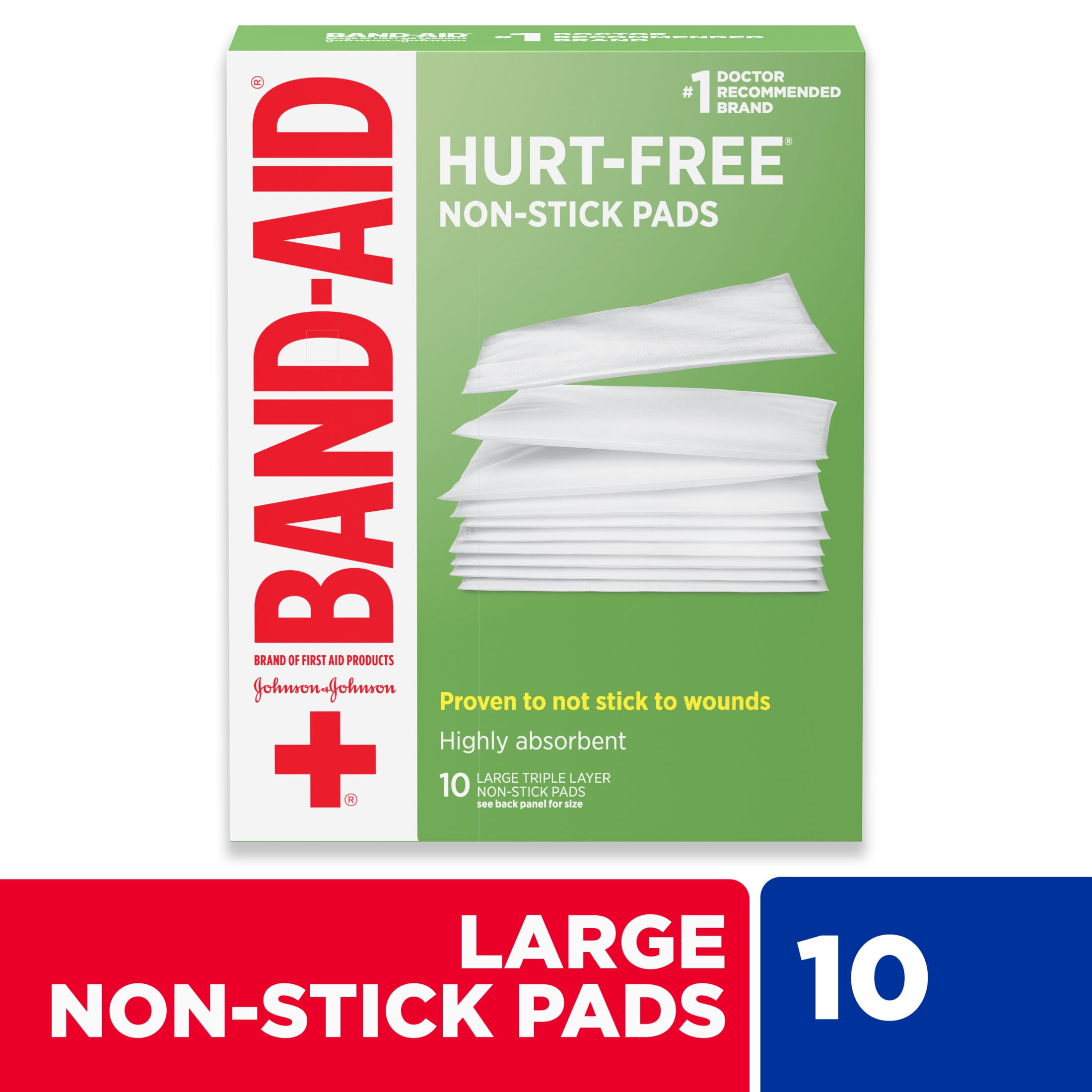 Band-Aid Brand Hurt-Free Non-Stick Pads, Large, 3 in x 4 in, 10 Ct