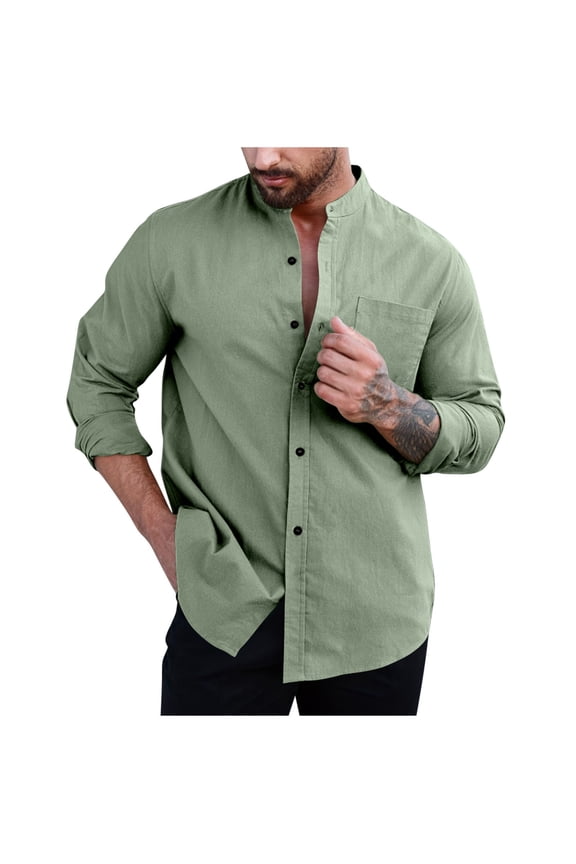 Men's Cotton Long Sleeve Shirts Casual Button Down Banded Collar Shirt Beach Tops with Pocket