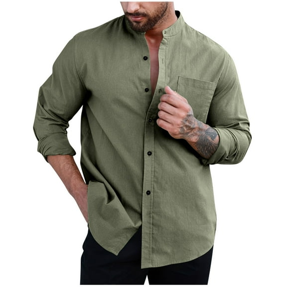 Generic Men's Cotton Long Sleeve Shirts Casual Button Down Banded Collar Shirt Beach Tops with Pocket