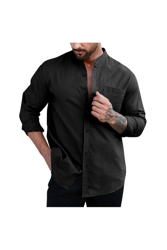 Men's Cotton Long Sleeve Shirts Casual Button Down Banded Collar Shirt Beach Tops with Pocket