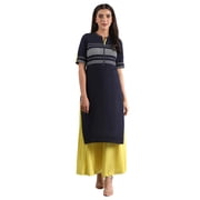 Band Collar Printed Kurta - Navy-X Large
