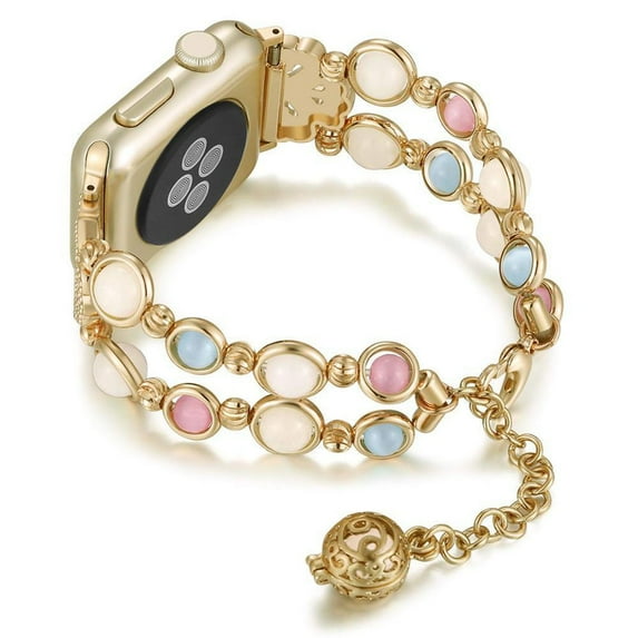 Band Compatible for Apple Watch 41mm 40mm 38mm, Adjustable Elegant Beads Pendant Handmade Night Luminous Pearl Women Girls Strap Bracelet for iWatch Series SE 9 8 7 6 5 4 3 2 1, Gold