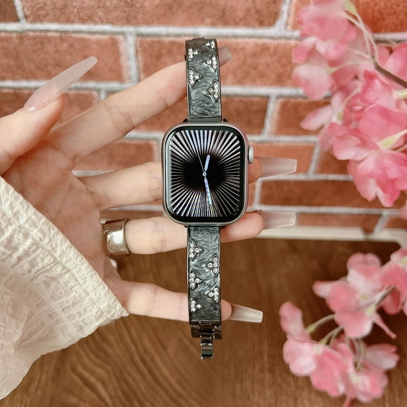 Band Compatible with Apple Watch 42(Series 1/2/3)/44/45/46/49mm, Women Thin Metal Strap Dressy Jewelry Bracelet with Bling Diamond Leaves for iWatch Series 10 9 8 7 6 5 4 3 2 1 SE Ultra, Black