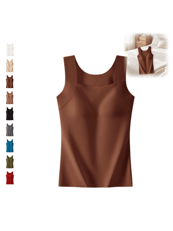 Band-Free Bra Tank with Built in Comfort Bra, Seamless Wide Strap, 4-Way Stretch, Fixed Cups, Light Tummy Smoothing, U-Neck, Everyday Layering