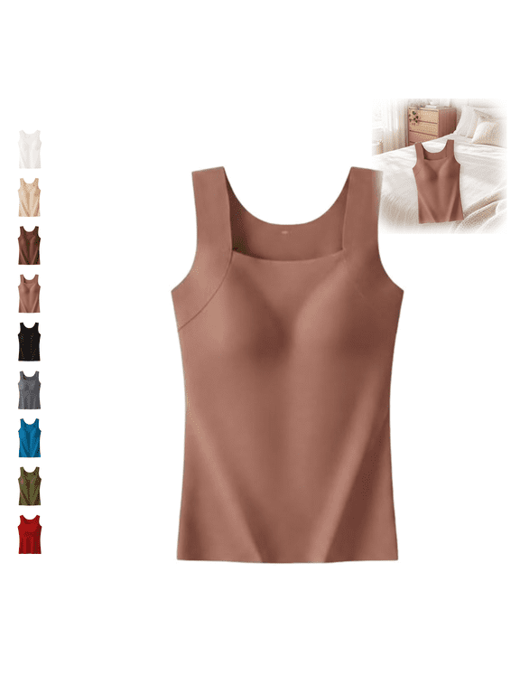 Band-Free Bra Tank with Built in Comfort Bra, Seamless Wide Strap, 4-Way Stretch, Fixed Cups, Light Tummy Smoothing, U-Neck, Everyday Layering