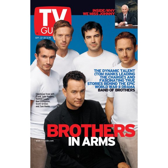 Band Of Brothers, From Left: Frank John Hughes, Damian Lewis, Ron Livingston, Scott Grimes; Tom Hanks (Front); Inset Johnny Carson, Tv Guide Cover, September 22-28, 2001. Tv Guide/Courtesy Everett