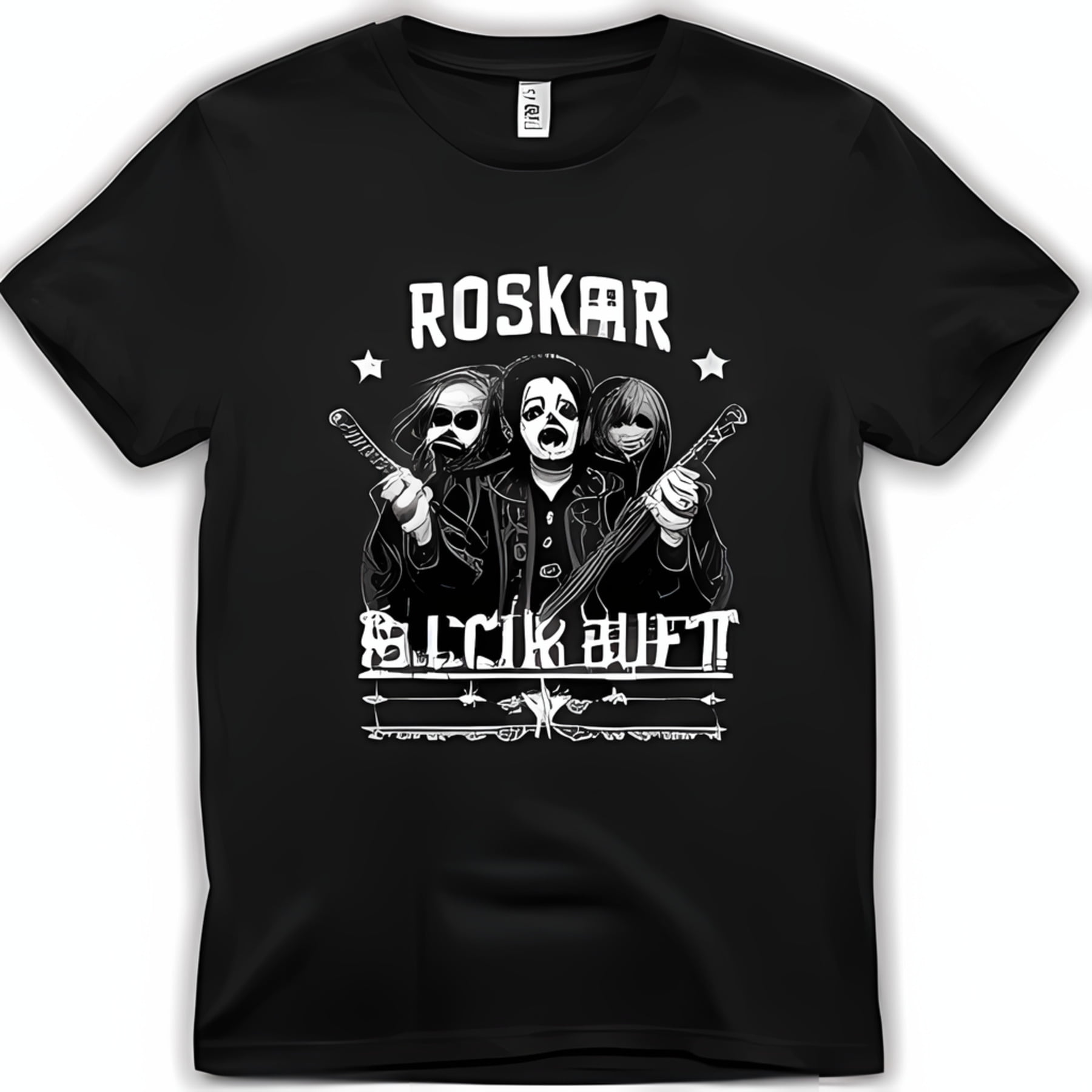 Band 'ROSONKAR' Black TShirt with Ghostly Characters and Gothic Font