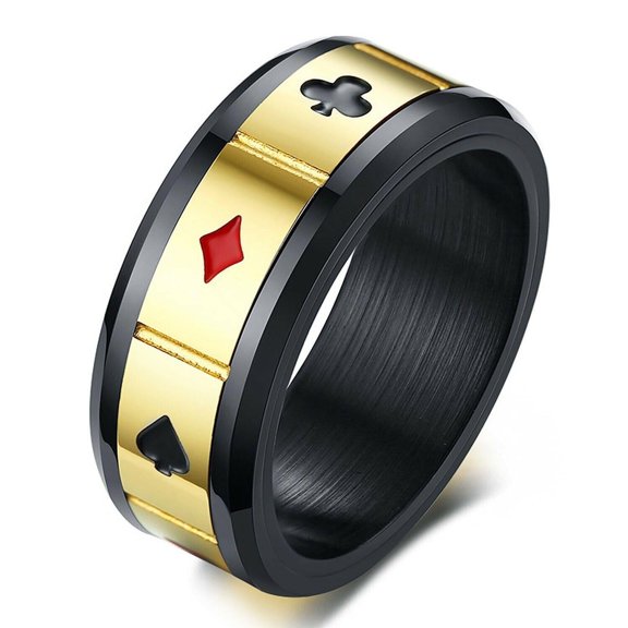 Band Ring Card Suits Size 8-12 Stainless Steel Black & Gold Grooved Spinning Hearts Diamonds Clubs Spades