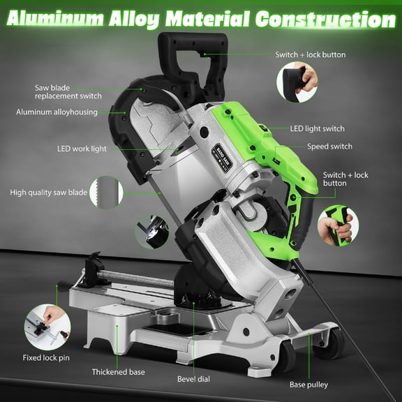 Band Saw, 10 Amp 5 Inch Deep Cut Bandsaw, Variable Speed Handheld Automatic Multipurpose Cut with Carrying Wheels Portable Metal Saw, Band Saws for Metal Wood