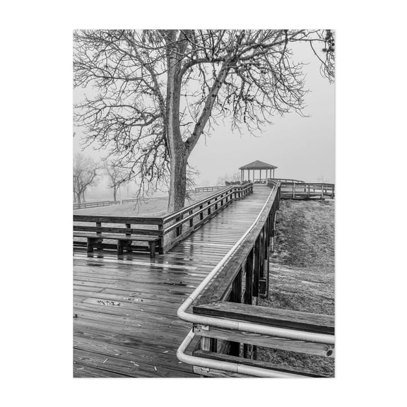 Band Stand at Tom Bass Park - Houston Texas Photography Black and White Boardwalk Foggy Nature Rural Scenic Winter Unframed Wall Art Print 9 x 12 inches
