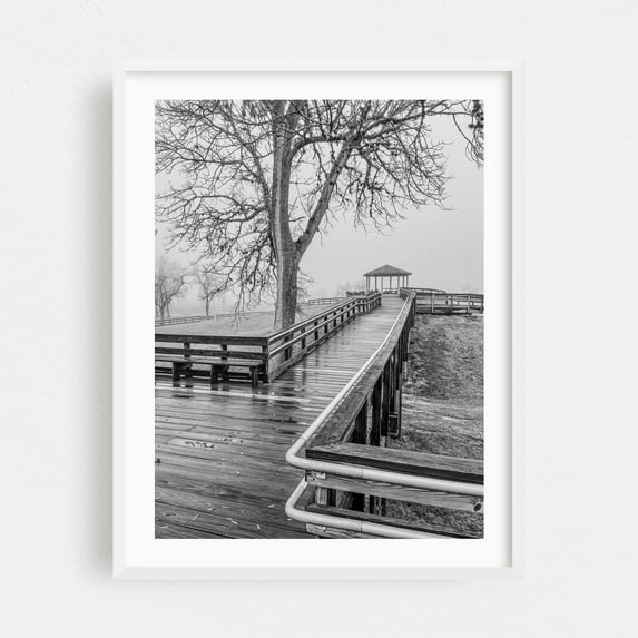 Band Stand at Tom Bass Park - Houston Texas Photography Black and White Boardwalk Foggy Nature Rural Scenic Winter White Framed Wall Art Print 9 x 12 inches