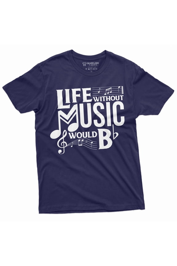 Band T-Shirt Life Without Music Would Be Boring Tee Musical Note Guitar Drums Tee (Large Navy Blue)
