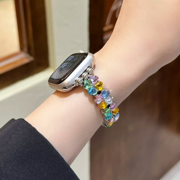 BandPlus Luxury Metal Bracelet Watch Strap with Diamond Elastic Stretch Band for 38mm/40mm/41mm/42mm(Series 11 10), Wristwatch Bands Elegant for iWatch SE 9 8 7 6 5 4 3 2 1, Rainbow