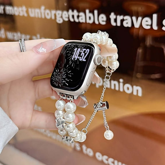 BandPlus Pearl Bracelet Band Compatible for Apple Watch 38/40/41/42mm(S10), Adjustable Luxury Elegant Waterproof Breathable Watch Strap for Apple Watch Series SE/1/2/3/4/5/6/7/8/9/10, White