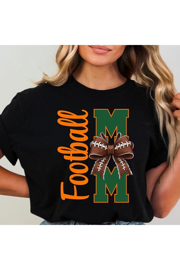 Football Mom T-shirt Game Day Shirt Football Design Football Bow T-shirt Football Mama T-shirt Green Orange Team Colors Proud Mama