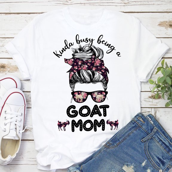 BandRole Kinda Busy Being A Goat Mom Shirt, Floral Messy Bun Hair Shirt, Goat Shirt, Farmer Gift, Tee