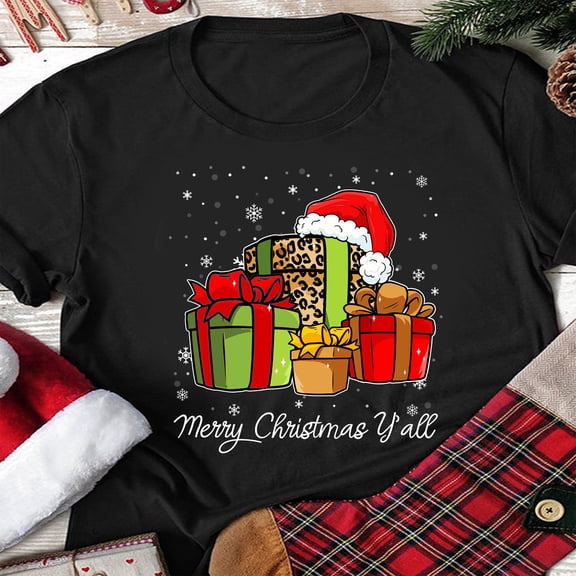 BandRole Merry Christmas Y'all Leopard Print Gift Box Tshirt