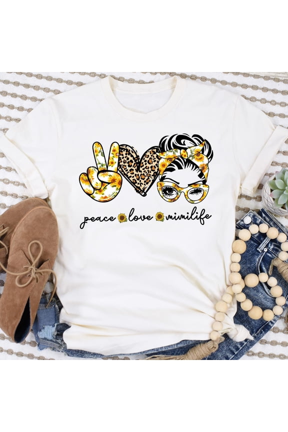 Peace Love Mimi Life Shirt, Leopard Sunflower Winked Eye Messy Bun Shirt, Mother's Day Shirt