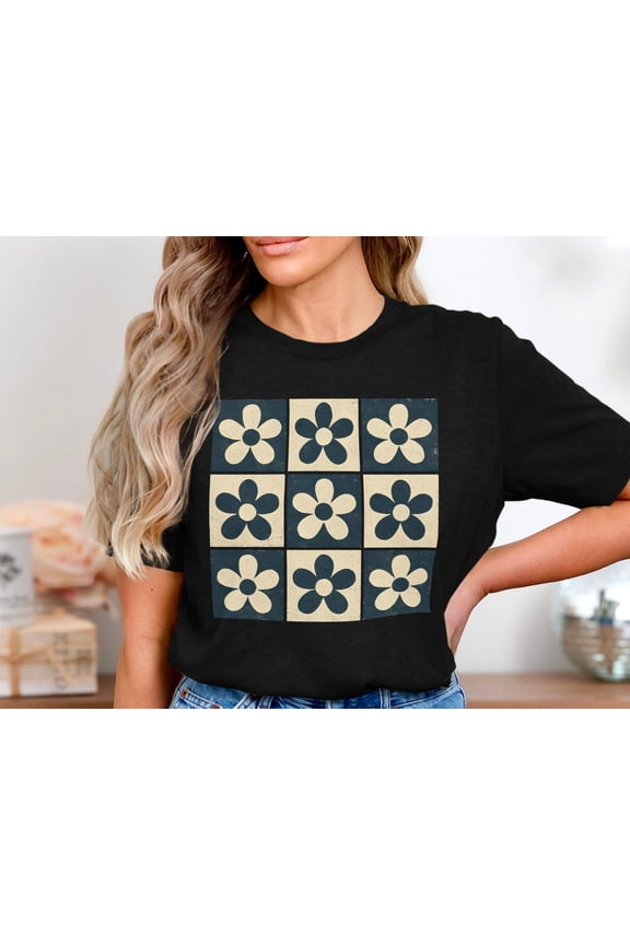 Retro Flower T-Shirt, Floral Pattern Tee, Groovy 70s Tile Design Shirt, Aesthetic Hippie Graphic Tee, Funky Bold Botanical Print Tee