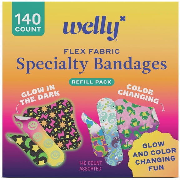 Bandage Assorted Playtime Refill Pack | Adhesive Flexible Fabric Bandages | Glow-in-The-Dark & Color Changing Patterns - 140 Count