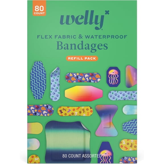 Bandage Family Pack | Adhesive Flexible Fabric & Waterproof Bandages | Assorted Shapes and Patterns for Minor Cuts, Scrapes, and Wounds - 80 Count