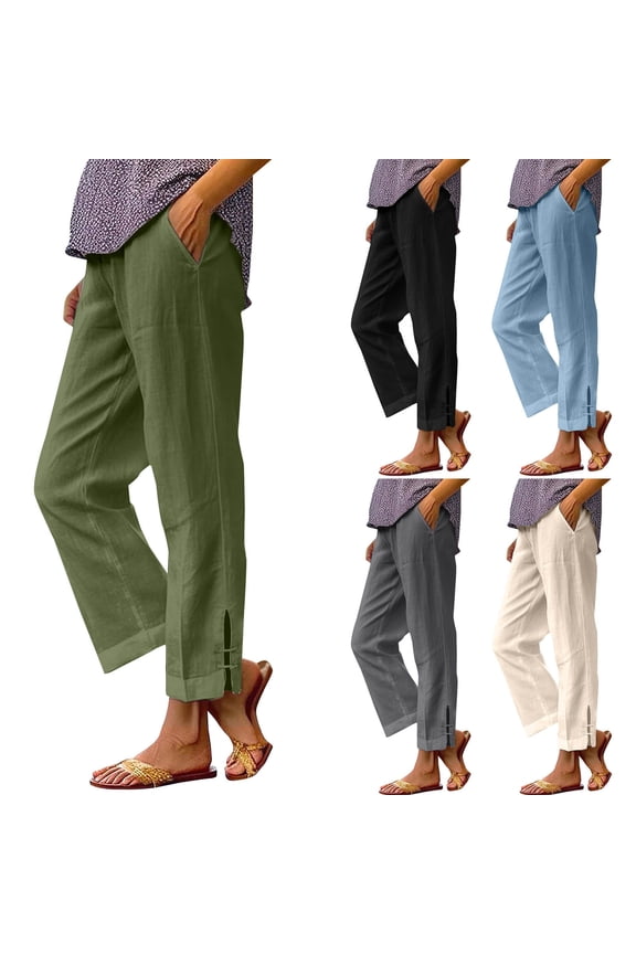 Bandage Fit Pants Women Elastic Waist Comfortable Pocket Casual Summer Pants Trousers Slacks with Side Button Detail Solid Color Work Office Pants | Sopatenor,Gray L