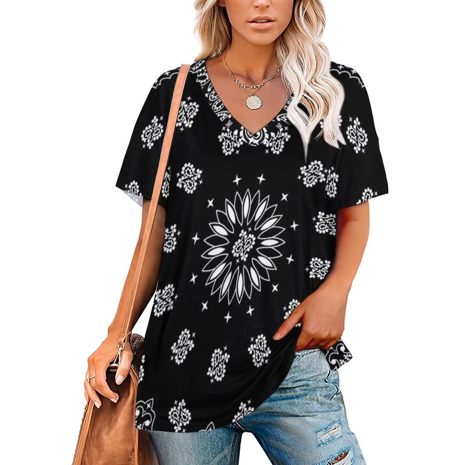 Bandana Black Print O Neck Off The Shoulder Top Short Sleeved T Shirt Bandana Black Print O Neck Off The Shoulder Top Short Sleeved T Shirt