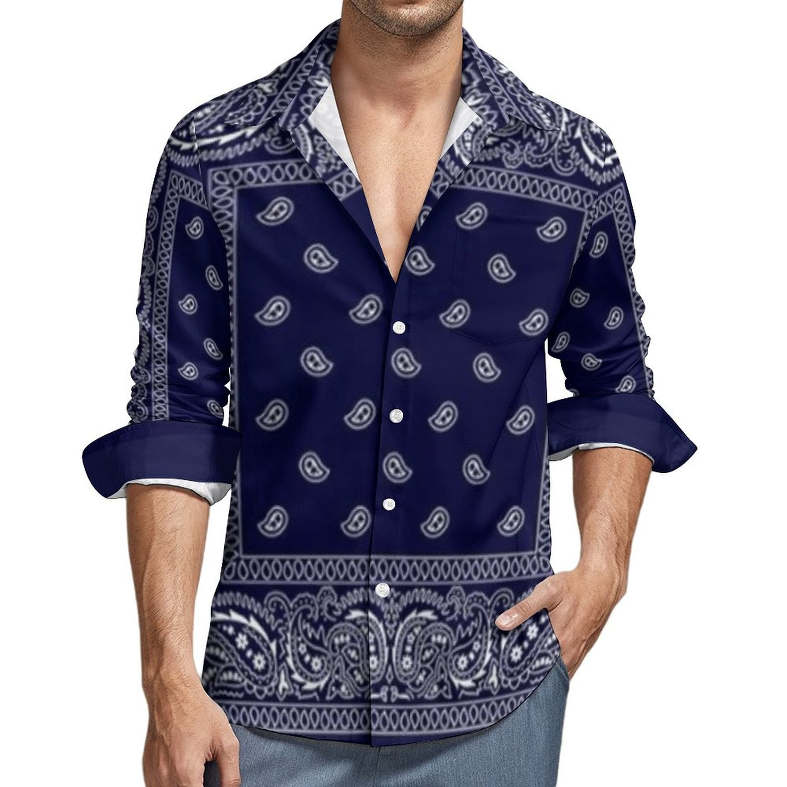 Bandana Blue Hawaiian Shirt for Men Long Sleeve Button Down Beach ...