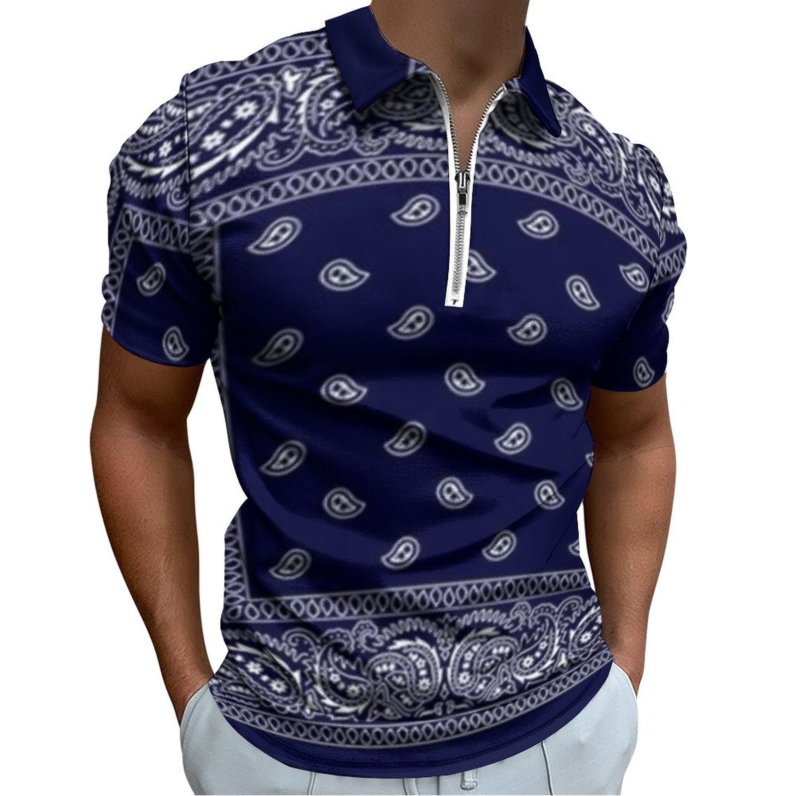 Bandana Blue Men Zipper T-shirt Summer Casual Short Sleeve T-shirt
