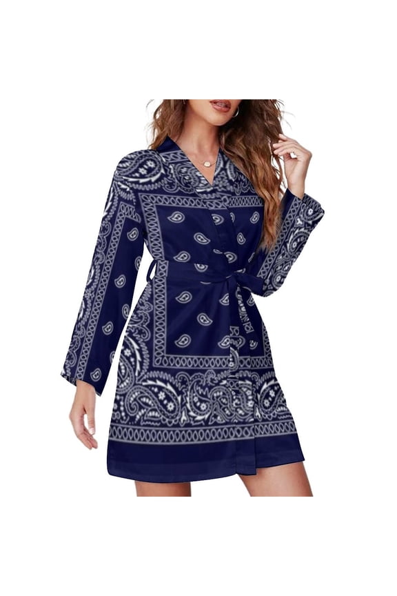 Bandana Blue Night Robe Long Sleeve V Neck Robe With Belt Women's Sleepwear Dresses