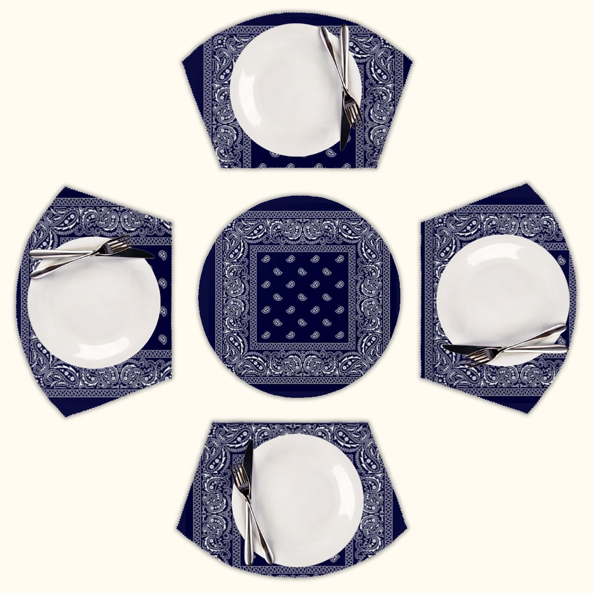 Bandana Blue Round Table Placemats Set Of 5 Wedge Table Mats Washable