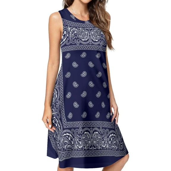 Bandana Blue Spring Summer Dresses for Women Fashion T-shirt Dress Casual Sleeveless Loose Sundress with Pockets