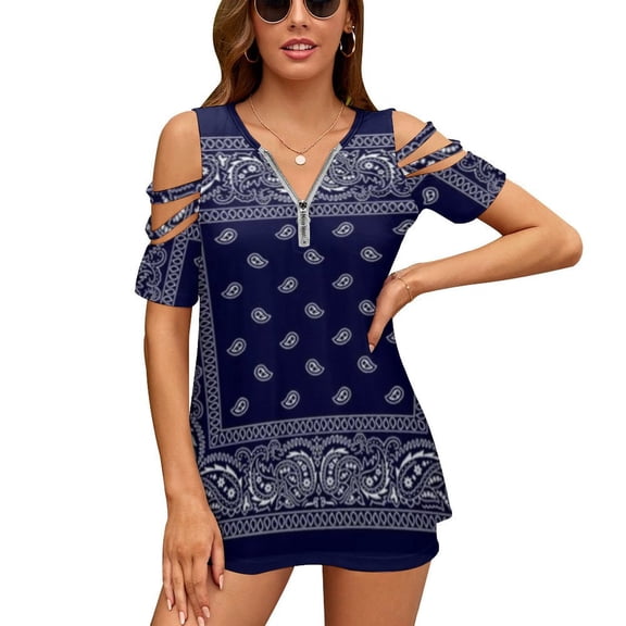 Bandana Blue Womens Summer V Neck Zipper Top Short Sleeve T Shirt Off Shoulder Top Casual Classy Loose Shirts