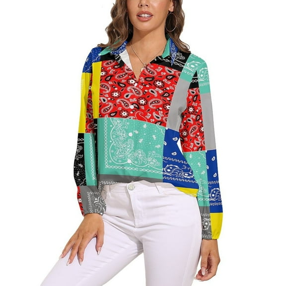 Bandana Paisley Patchwork Pattern Long Sleeve Blouse Woman Streetwear Casual Shirts Summer Oversize Woman Streetwear Clothing Birthday Present