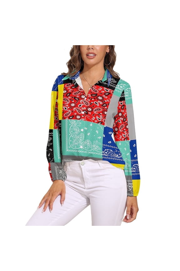 Bandana Paisley Patchwork Pattern Long Sleeve Blouse Woman Streetwear Casual Shirts Summer Oversize Woman Streetwear Clothing Birthday Present